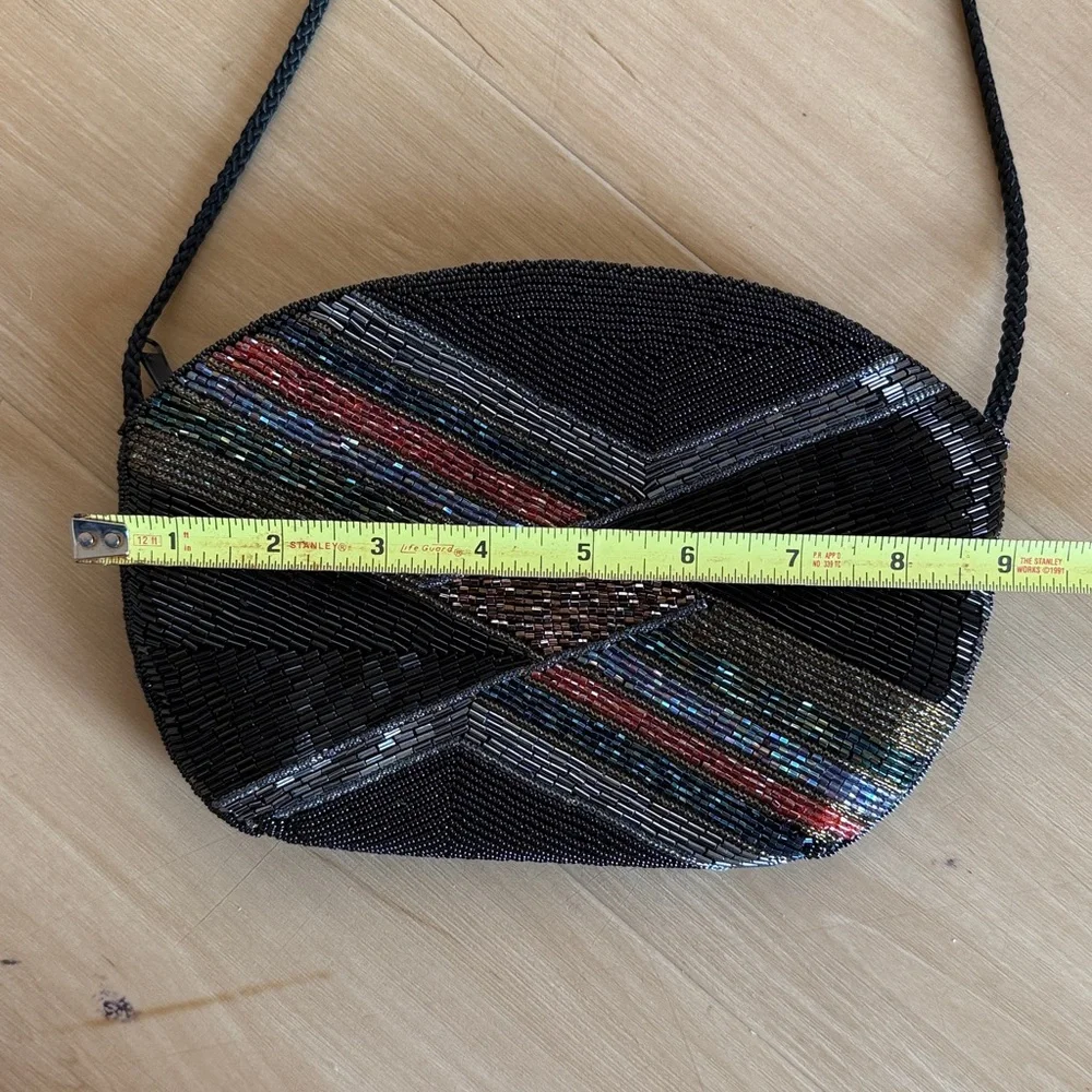 VINTAGE BEADED CLUTCH PURSE GEOMETRIC BLACK MULTICOLORED EVENING BAG CROSSBODY